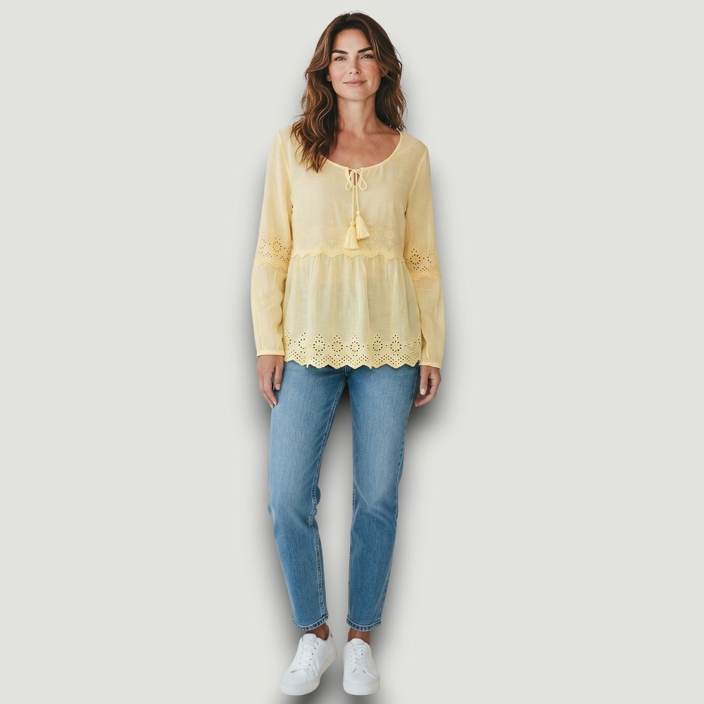 Style & Co Womens Blouse Top Yellow M Cottagecore Boho Chic Babydoll Peasant